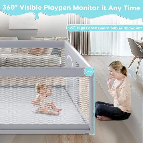 Fshibila 79" ×79" Extra Large Baby Playpen, Baby Playard for Babies and Toddlers, BabyFence Play Pens for Indoor & Outdoor, Sturdy Safety Play Yard with Soft Breathable Mesh, Anti-Fall, Grey - color: Grey, size: 79 x 79 IN