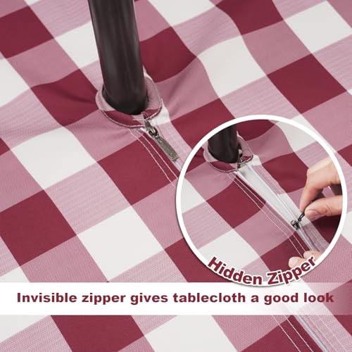 SquarePie 60 Inch Round Outdoor Tablecloth with Umbrella Hole and Zipper - Spillproof Wipeable Polyester Gingham Table Cloth Cover for Patio Picnic Camping Garden BBQ, Burgundy Red Checkered - color: Burgundy Red Plaid, size: 60" (Round)