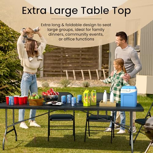 Our Modern Space 8 Feet Foldable Table with Built in Handle & Steel Legs | Heavy Duty Portable | Perfect for Party, Dining, Wedding, Events, Picnic Indoor, Outdoor, Camping, Utility, Temporary - color: Black, size: 8 Ft