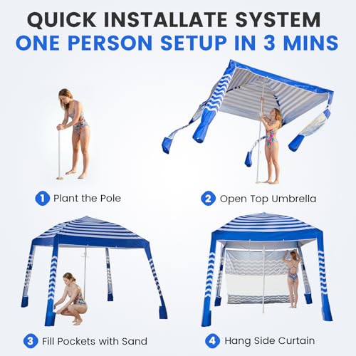 Zeraty Beach Cabana 8'×8', Portable Beach Canopy with Side Wall, UPF 50+ Silver-Coated Beach Tent Sun Shelter, Wind Resistant Adjustable Altitude Beach Umbrella Tent for Family, Deep Blue - color: Blue