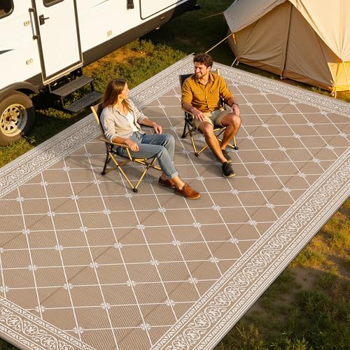 Outdoor Rug 9'x18' for Patios Waterproof Patio Rugs Outdoor Mats for Front Porch,Beach Mat,Reversible Plastic Straw Camping Rugs for Outside RV,Deck,Balcony,Backyard (Beige Tan, 9'x18') - color: Beige Tan, size: 9' x 18' (Rectangular)