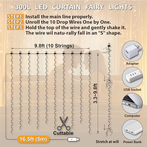 HXWEIYE 300LED Fairy Curtain Lights, 9.8x9.8Ft USB Plug-in 8 Modes Christmas String Hanging Lights with Remote for Bedroom Backdrop Wedding Indoor Wall Decor, Warm White, Standard – 2 Pack - color: Warm White, size: Standard – 2 Pack