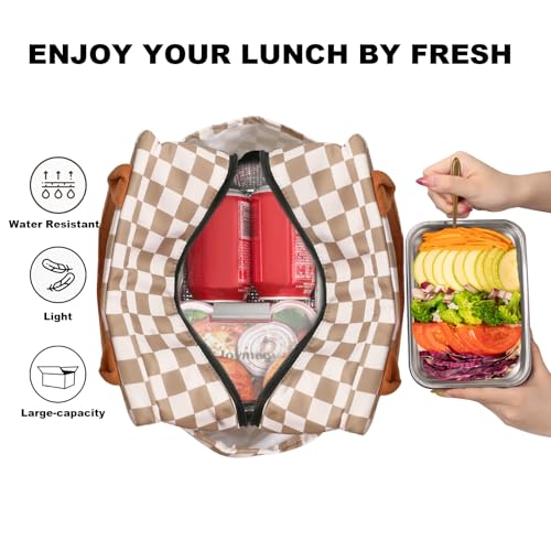 Joymee Lunch Bag Women Insulated Lunch Box Reusable Leakproof Large Spacious Cooler Tote for Women Men Adult with Bottle Holder and Side Pockets for Work Office Travel Picnic - Checker Brown - color: 04 Checker Brown