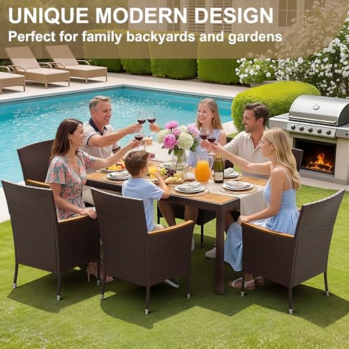 Devoko Dining 7 PCS Furniture, Patio Conversation Set with Acacia Wood Table Top, Outdoor, Beige Cushion and Brown Rattan - color: Brown, style: 7 Piece Dining Set