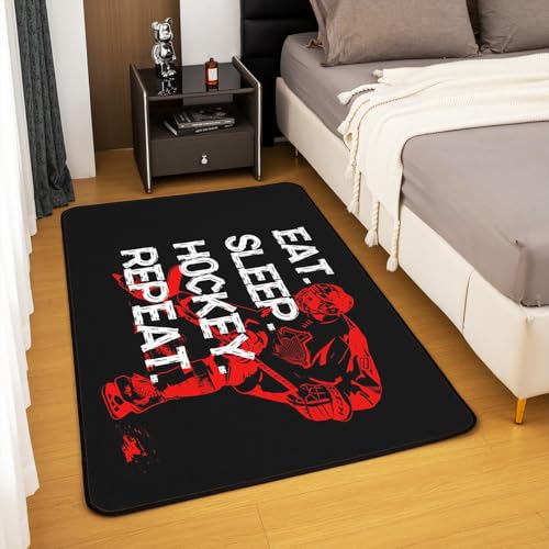 Hockey Area Rug 5x7 for Kids Boys Teens,Black Red Grey Eat Sleep Hockey Carpet,Ice Hockey Player Indoor Floor Mat Bedroom Decor,Graffiti Winter Sports Game Area Runner Rug - color: Color 22, size: 4'11" x 6'6" (Rectangular)