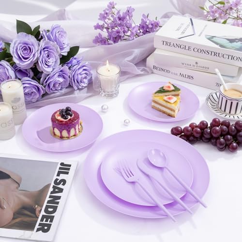 EI 150pcs Purple Plastic Plates for Party,Fancy Disposable Plates,Heavy Duty Plastic Dinnerware Set for Wedding,Easter,Afternoon Tea Party,Spring,Mother's Day,Valentine's Day - color: Purple Frosted Plastic Plates