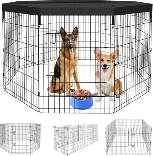 Pet Playpen Dog Pen Foldable Dog Exercise Fence 8 Panels 36 Inch Kennels Pet Playpen Options Ideal for Pet Medium Animals Outdoor Indoor (Playpen with Top Cover) - style: 24'' x 36'' with Top cover