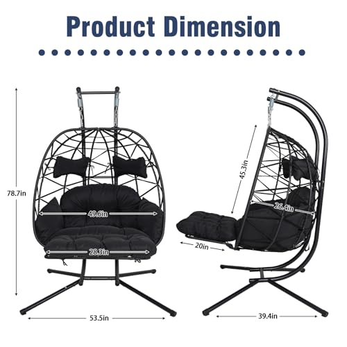 Double Egg Swing Chair with Stand, Oversized 2-Person Indoor Outdoor Hanging Hammock Chairs with Cushion, Wide and Large Comfy Loveseat, Sturdy Porch Swings for Bedroom, Balcony, Garden (Black)