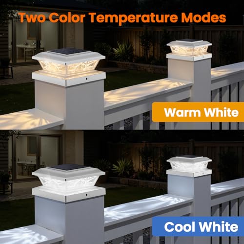 Brightever 4x4 3.5x3.5 Solar Post Cap Lights, 8-Pack Outdoor Solar Powered Fence Post Lights Fit Vinyl/Wood Posts, 2 Modes(Warm/Cool Light), Solar Waterproof Deck Post Lights for Garden, Patio, White - color: White, size: 8 Pack