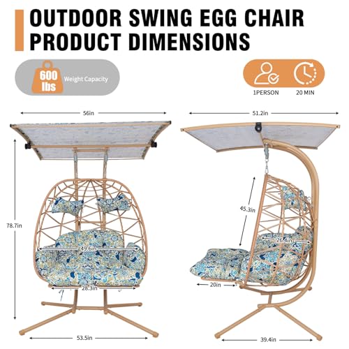 Double Egg Chair Outdoor with Stand & Canopy,Hanging Loveseat Hammock Swing Chair with Leg Rests & UV Resistant Cushion,Patio Swinging Chair,600LBS Capacity for Bedroom Balcony Garden - color: Double Chair & Footrest & Canopy, size: Yellow Frame & Floral