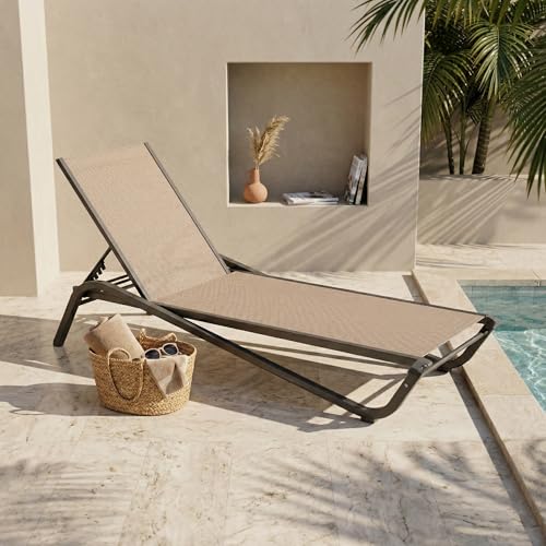 Adjustable Patio Chaise Lounge Chair, Outdoor Pool Lounger for Sunbathing & Tanning, All-Weather Textilene Sun Bed for Beach, Porch & Deck, Rust-Proof Aluminum Frame, Beige - color: Beige, size: 1 Piece