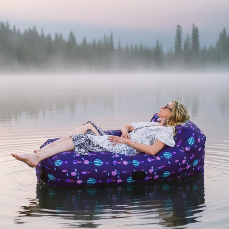 Inflatable Lounger with No-Pump Setup, Floating Portable Air Chair, Ripstop Polyester, Stability Peg for Beach, Camping, Festivals, Tailgating (American Flag) - style: American Flag