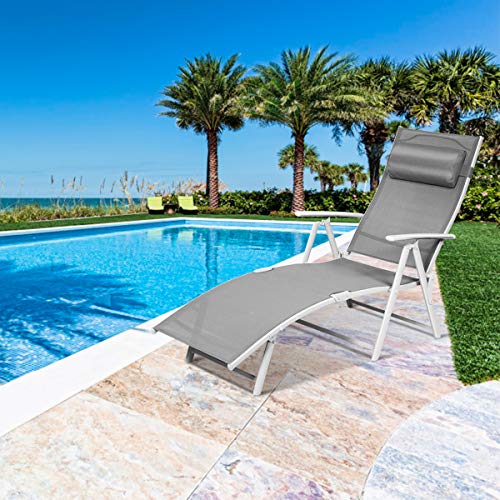 Tangkula Outdoor Folding Chaise Lounge Chair, Lightweight Recliner Chair w/ 7 Adjustable Backrest Positions, Patio Reclining Beach w/Removable Cushion & Pillow for Patio Poolside No Assembly Required - color: Grey