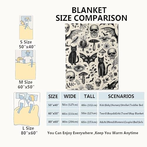 Spooky Goth Blanket Gothic Black Cats, Skulls, and Bats Throw Blankets Gifts for Girls Boys Adults Lightweight Soft Fleece Cozy for Sofa Couch Bed Room Travel Birthday Halloween Decor 50x60in - color: Gothic, size: 50x60in