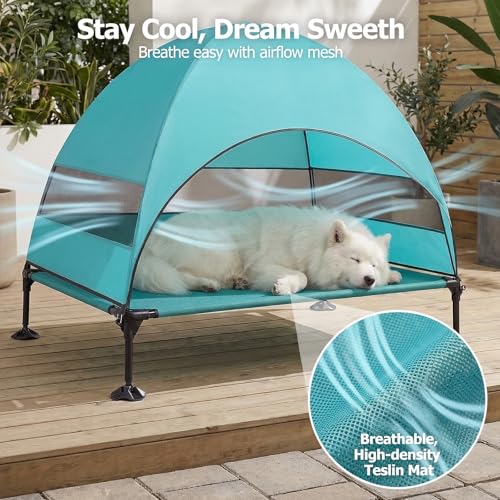 Elevated Dog Bed with UV-Proof Canopy, Outdoor Dog Tent with Powerful Adjustable Feet, Portable Pet Cot with Wider Shade, Raised Cooling Bed for Camping, Patio, Beach, Poolside - color: Aqua, size: Large: 42.0"L x 30.0"W x 33.0"Th