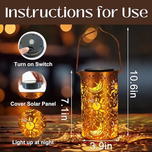 DIBIEECN Mothers Day Gifts for Mom, Birthday Gifts Grandma Ladies Solar Lanterns Outdoor Hanging Hollowed-Out Metal Waterproof LED Garden Decor Outside for Patio Yard Porch, Sun and Moon, 1 Pack - style: Star Moon