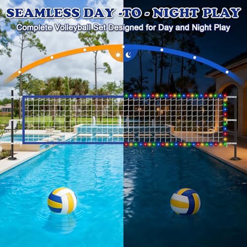 Upgraded Pool Volleyball Net, 15x3FT Pool Volleyball Net for Inground Pool Games for Adults and Family 2026 Summer Pool Floaties Party Gift - color: White Blue with Lights