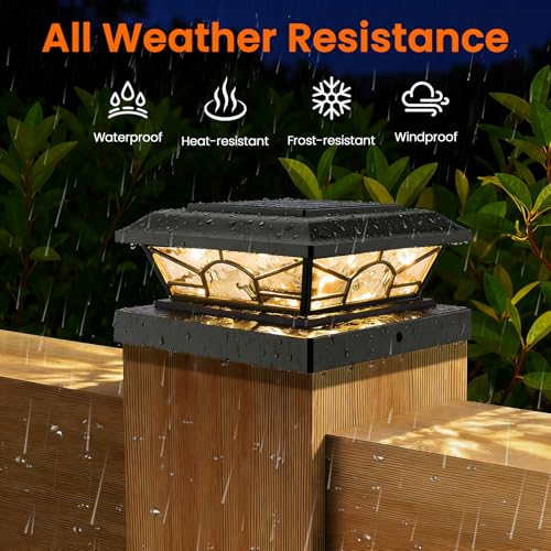 Brightever 4x4 3.5x3.5 Solar Post Cap Lights, 4-Pack Solar Powered Fence Post Light Outdoor Waterproof for Vinyl/Wooden Post, 2 Modes(Warm/Cool Light), Black Solar Deck Post Lights for Patio, Porch - color: Black, size: 4 Pack