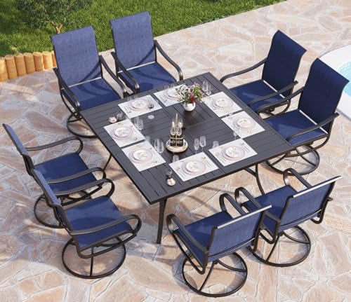 PHI VILLA 9 Piece Outdoor Patio Dining Set, Large Square Metal Dining Table and 8 Outdoor Swivel Dining Chairs, Patio Table and Blue Chair Furniture Dining Set for 8 Person - color: Blue Fabric, size: 60"L x 60"W x 29"H-9 Piece-Metal