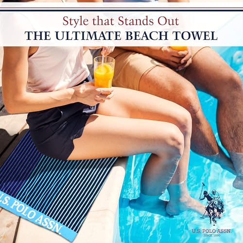 U.S. Polo Assn. Oversized (40” x 70”) Striped Nautical Design Beach Towel - Luxury Plush Cotton Hotel Quality for Bath, Pool - Hawaii Stripe - color: Blue/Navy, size: 40" x 70"