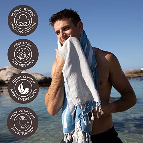 FESHKA Sand Proof Turkish Beach Towel – Oversized, Quick Dry & Lightweight Travel Towel - 100% Organic Cotton Beach Blanket - Perfect for Bath, Pool & Picnic | Blue Stripes (Blue) - color: 24 - Blue