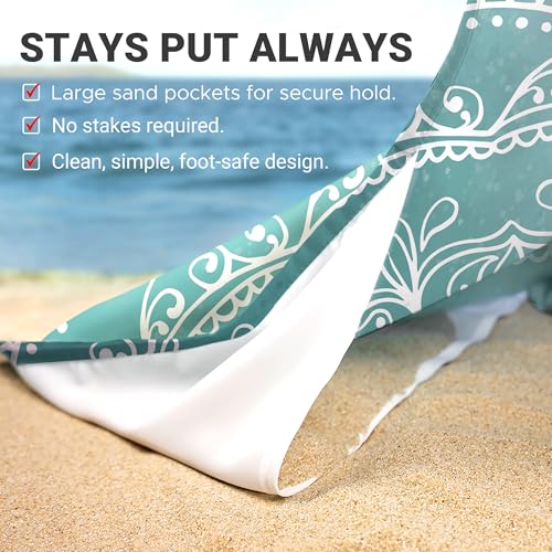 Sunlit Silky Soft Sand Proof Beach Blanket 106"x81" / 85"x72" Sand Proof Mat with Corner Pockets and Mesh Bag for Beach Party, Travel, Camping and Outdoor Music Festival, Mandala - color: Tiffany Green, size: 106"x81"