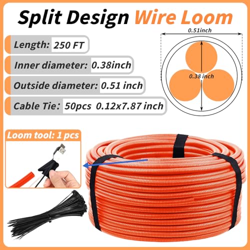 250FT Orange Split Wire Loom Tubing, 1/2 Inch Wire Protector Tubing, Automotive Wire Flexible Conduit Cord Covers with Installation Tool 50 Cable Ties for RV Agriculture Electrical Cable Protection - color: Orange, size: 1/2in x 250ft
