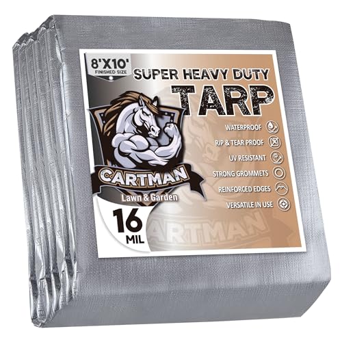 CARTMAN Finished Size 8x10 Feet Extra Thick 16 Mil Ultra Heavy Duty Poly Tarp, Multipurpose Protective Cover, UV Resistant, Waterproof Poly Tarpaulin with Reinforced Edges - color: Silver/Black 16mil, size: 8'×10'