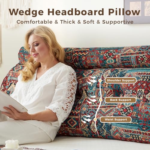 Triangular headboard reading pillow, comfortable sponge wedge queen pillow, disassembleable cotton and linen long strip pillow, sofa backrest pillow - color: Sparks Bloom, size: Full