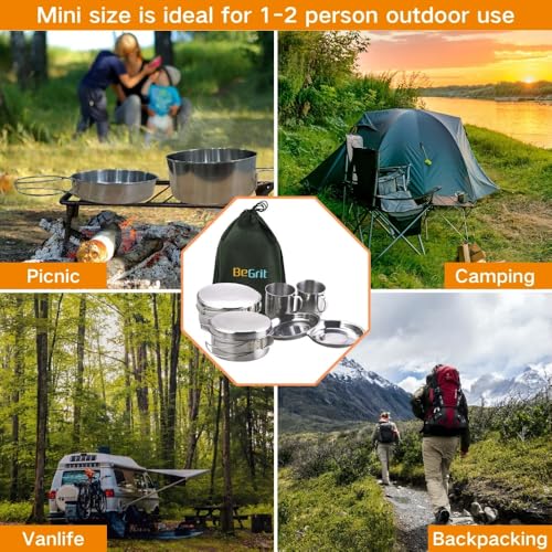 BeGrit Backpacking Camping Cookware Mini Picnic Camping Cooking Mess Kit with Pot and Pan Set for Hiking - color: Silver 8pcs