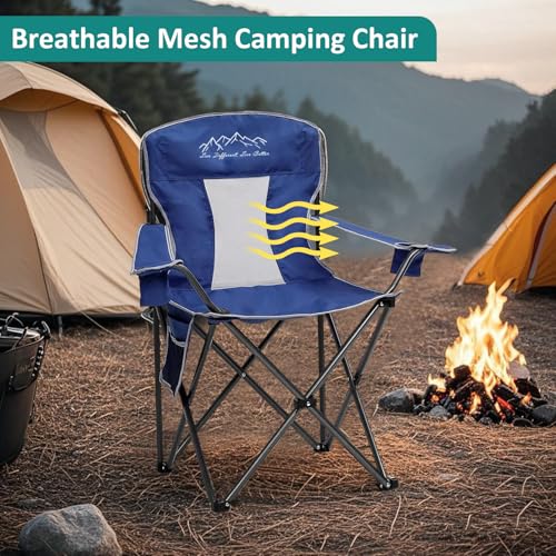 Outdoor Folding Camping Chair with Cup Holder, Storage Bag, Large Anti-Sink Feet, 400lbs Capacity, 2 Pack Breathable Mesh Portable Chair for Camping, Beach, Fishing, Sports, Blue - color: Blue, size: 2 Pack
