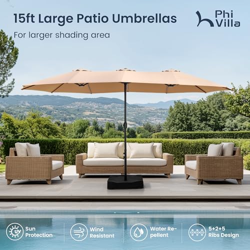 PHI VILLA 15ft Large Patio Umbrellas with Base Included, Outdoor Double-Sided Rectangle Big Market Umbrella with Stand, Outside Umbrellas for Poolside Lawn Backyard, Beige - color: Beige