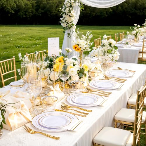 GATHER 176 Pieces Gold Dinnerware Disposable - White and Gold Plastic Plates Includes 50 Plates, 25 Plastic Silverware, 25 Napkins, 25 Cups and 1 Tablecloth for Wedding Party - color: Gold, size: 25 Guests