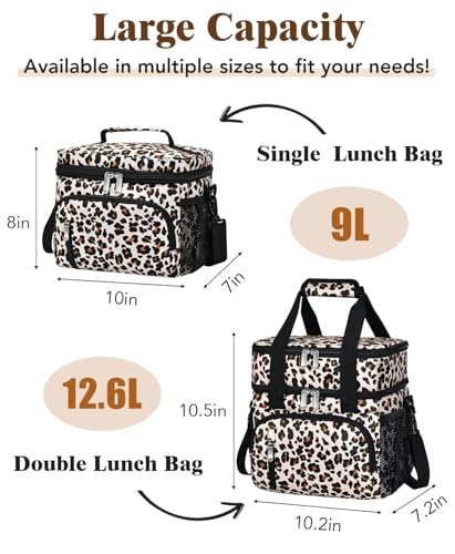 Insulated Lunch Bag for Women, Double Leakproof Lunch Box Soft Cooler Tote with 5 Pockets, 600D Oxford, EVA Lining, Adjustable Strap for Work, Picnic, Beach&Travel-Leopard Print - color: Leopard Print, size: Double