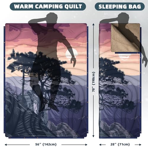 Outdoor Camping Blanket with Sherpa Lining, Extra Warm Thick Camp Blankets and Puffy Ultralight Soft Poncho DWR Camping Quilt for Cold Weather, Adventure, Sleeping, Backpacking 78"x 56" - color: Rosy Red, size: 78 x 56 inches