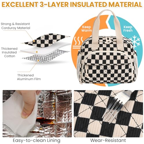 ELONGRIVER Corduroy Insulated Lunch Bag for Women Teen Girls, Portable Adult Lunch Box, Reusable Tote Cooler Bags, Lightweight Womens Lunch Bags with Front Pockets Work Picnic Travel, Black Checkered - color: Black Checkered