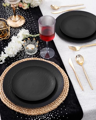 WONDERFUL 32pcs Black Plates Black Plastic Plates Unbreakable and Reusable Plastic Plate Dishwasher safe Dishes Set Includes:16 Dinner 10" & 16 Dessert Plate 7.3" Suitable for Camping Outdoor Party - color: Black