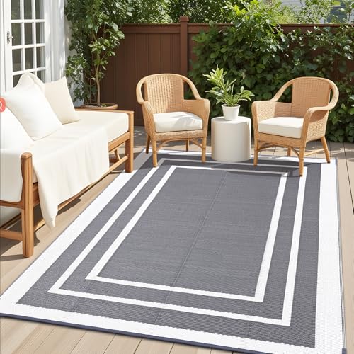 OLANLY Outdoor Rug 9x12 ft Waterproof, Reversible Outdoor Plastic Straw Rug, RV Mat, Indoor Outdoor Carpet Clearance for Patio, Camping, Balcony, Deck, Backyard, Grey & White - color: Grey & White, size: 9' X 12' (Rectangular)