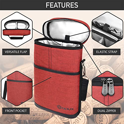 opux 2 Bottle Wine Carrier Tote, Insulated Leakproof Wine Cooler Bag, Wine Travel Bag for Picnic BYOB Beach, Portable Wine Bottle Carrying Case, Gift for Wine Lover Women Men Christmas, Red - color: Heather Red