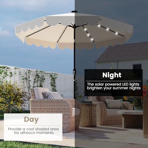 Tangkula 9 FT Solar Patio Umbrella, 2-Tiers Scalloped Outdoor Table Market Umbrella with 32 LED Lights, Vented Top, Tilt Adjustment, Crank, 8 Ribs for Backyard Poolside Deck Beach Lawn (Beige) - color: Beige, size: 9Ft