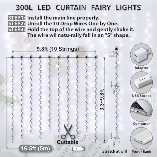 HXWEIYE 300LED Fairy Curtain Lights, 9.8x9.8Ft USB Plug-in 8 Modes Christmas String Hanging Lights with Remote for Bedroom Backdrop Wedding Indoor Wall Decor, White, Standard – 1 Pack - color: White, size: Standard – 1 Pack