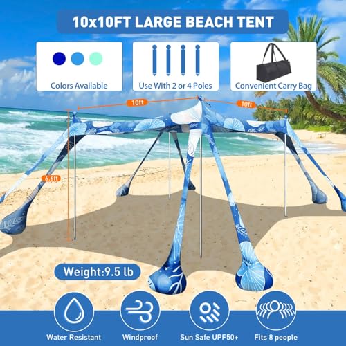 Beach Tent Sun Shelter 10x10ft Beach Canopy Easy Pop Up Sun Shade Portable UPF50+ with 8 Sandbags-2 Sand Shovel-4 Aluminum Poles-Ground Pegs for Outdoor Family Camping Fishing Backyard Picnic - color: Navy Jellyfish, size: 10x10 FT 4 Pole