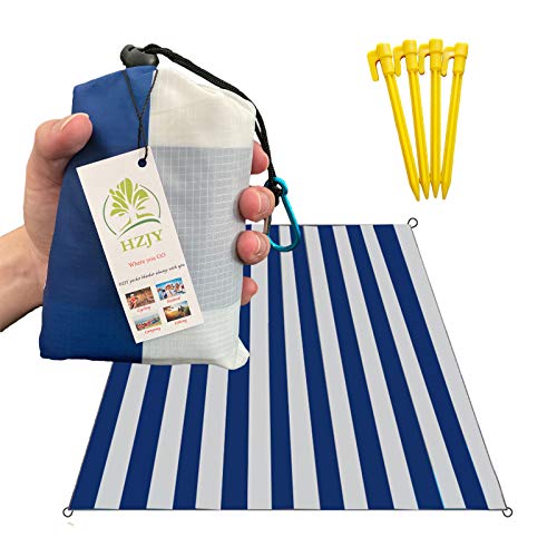 Pocket Blanket 71"x55", Lightweight Compact Sandproof Waterproof Outdoor Blanket for Beach, Hiking, Camping, Travel, Festivals, Picnic with Pockets, Loops, Stakes, Carabiner - color: White Blue