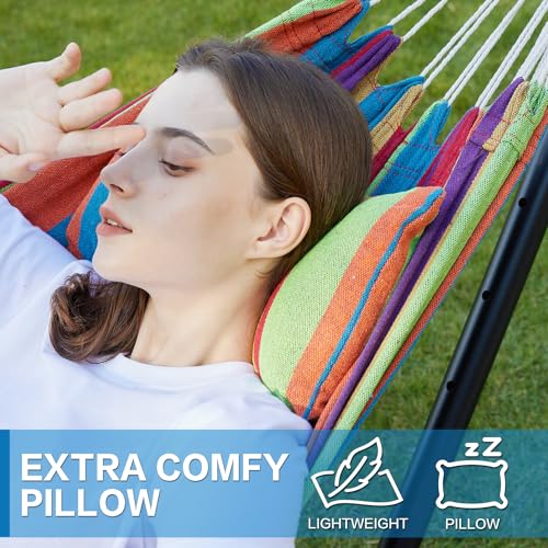 PNAEUT Double Hammocks with Stand for Outside, Portable Space Saving Heavy-Duty Steel Stand for Indoor Outdoor Patio, 450 lbs Capacity (Tropical) - color: Tropical