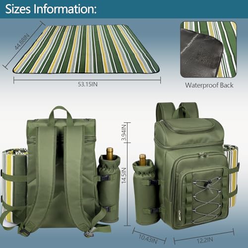Hap Tim Picnic Basket Backpack for 4 Person with Blanket, Insulated Leakproof Cooler Compartment, Wine Holder, Cutlery Set, Engagement Gifts for Couples, White Elephant Gift Ideas, Green (36221-GR) - color: Green