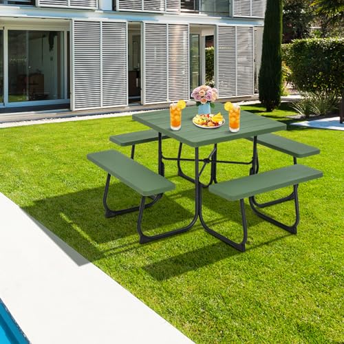 Giantex Picnic Table Set for 8 Persons, Outdoor Table and Bench with Umbrella Hole, HDPE Top & Metal Frame, 500LBS Capacity, Square Patio Table Bench for Deck Backyard Garden (Green) - color: Green, size: Square-35"x35"x30"