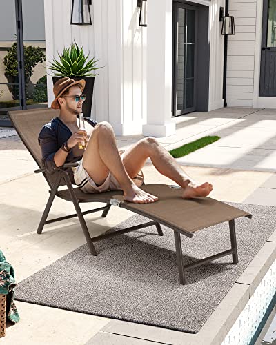Crestlive Products Folding Patio Chaise Lounge Chair Outdoor, Aluminum Adjustable Outdoor Pool Recliner Chair, Assemble-Free, 8 Positions - color: Brown, size: 1 Pcs