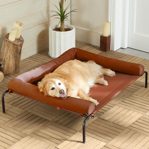 Cooling Elevated Dog Bed for Large Dogs – Waterproof Raised Dog Cot with Slope Headrest, Breathable Teslin Mesh, Durable & Portable Pet Bed for Indoor and Outdoor Use, Caramel - color: light caramel, size: 54.0"L x 34.0"W x 8.0"Th