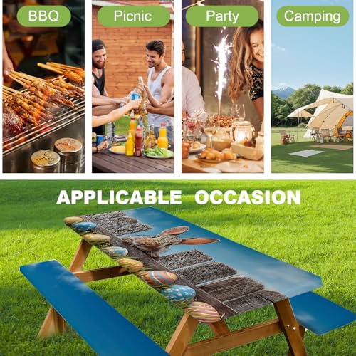ANNA QUEEN Easter Outdoor Scene 6FT Picnic Table Cover with Bench Covers Set of 3 with Drawstring Bag, Bunny Fence Easter Eggs 72"x30" Waterproof Picnic Tablecloth & Bench Covers - color: #61
