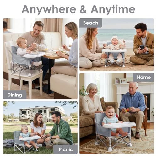Tiny Marvels Portable Booster Seat, Foldable Baby High Chair with Removable Tray, Safety Harness & Carry Bag – for Toddlers Ages 6M-3Y, Ideal for Dining, Travel, Camping & Family Time - color: Grey